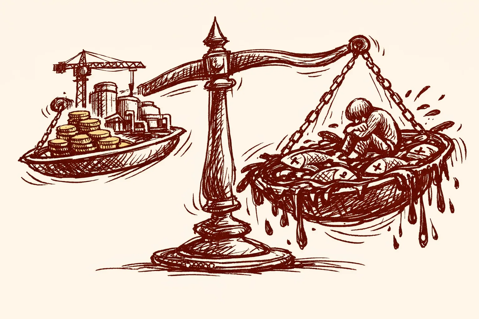 Editorial illustration of a weighing scale with coins and a water treatment crane on one side outweighed by a heaping mass of polluted water, dead fish, and sickness on the other, representing the economic cost of water pollution versus investment