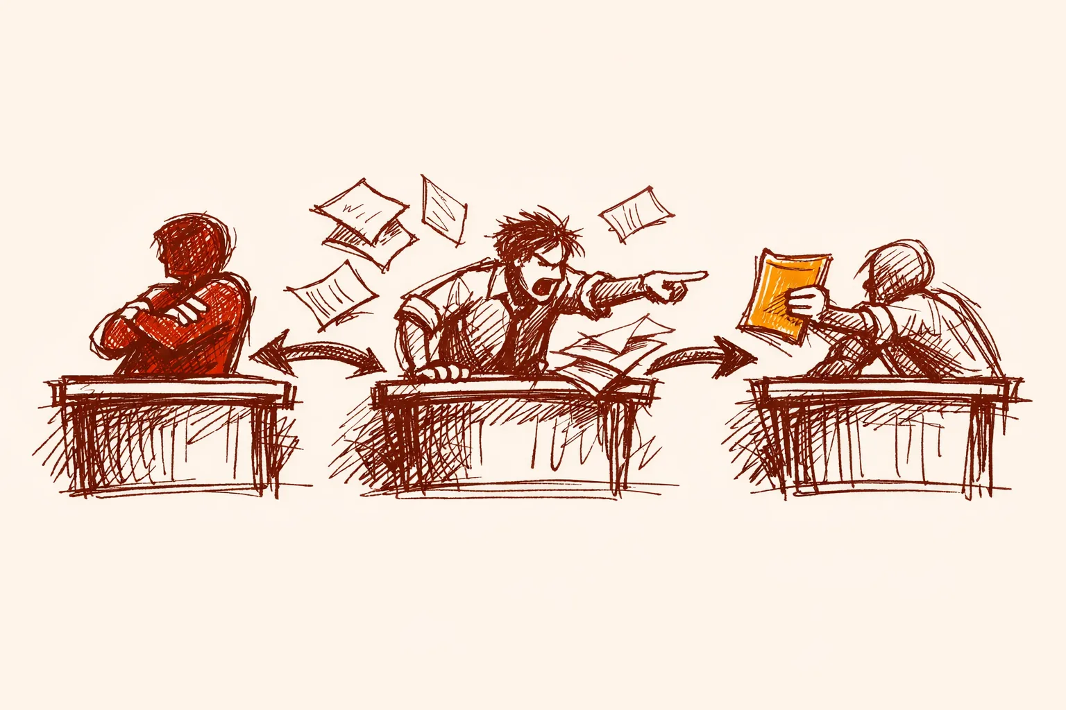 Editorial illustration of three figures behind desks connected by arrows, one pointing forward urgently, one turning away, one holding out documents, representing the chain of institutional accountability for addressing separatist networks