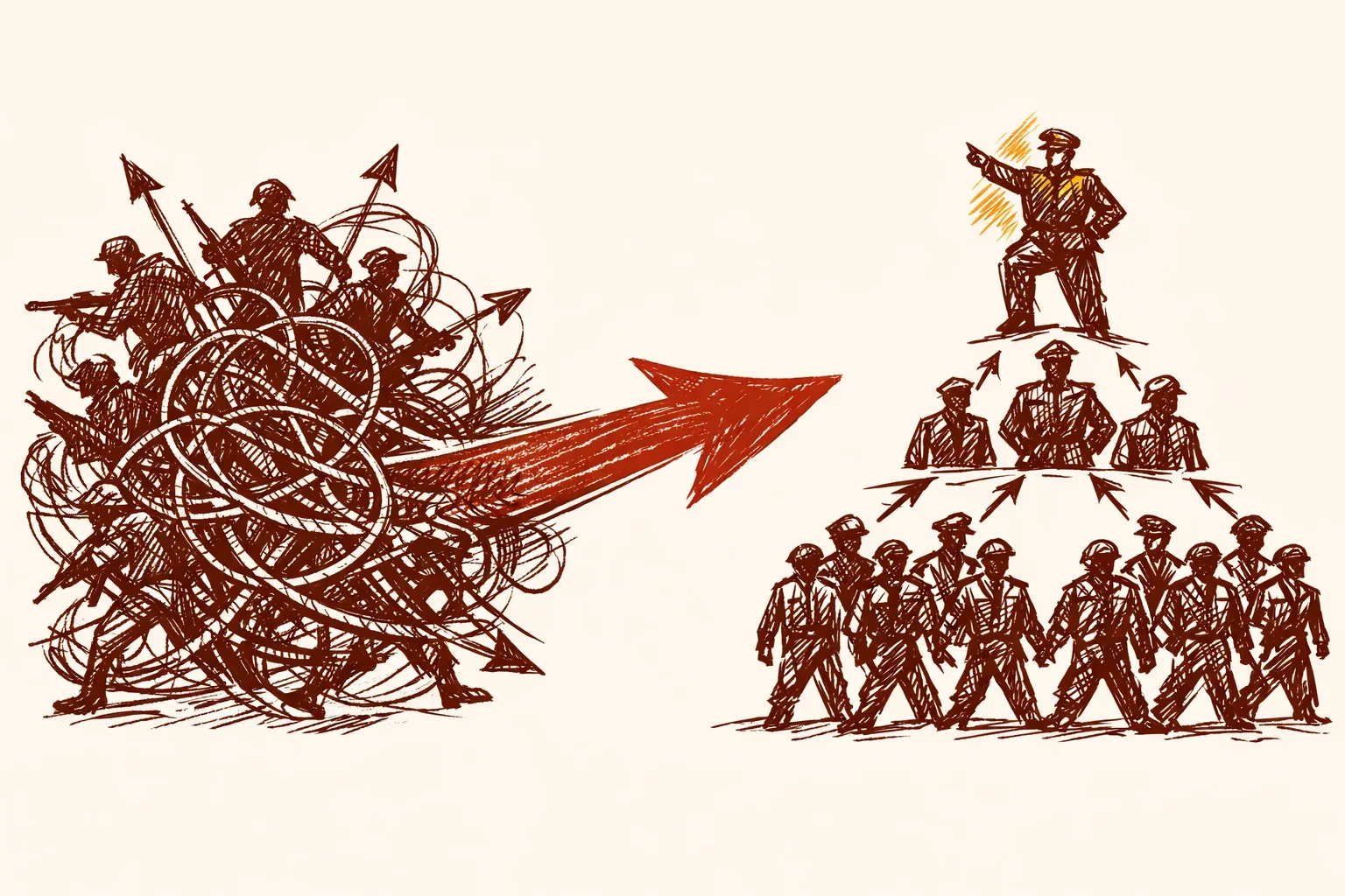 Editorial illustration contrasting a chaotic tangle of disconnected military service figures on the left with a clean unified pyramid command hierarchy on the right, showing the transformation achieved by joint command reforms