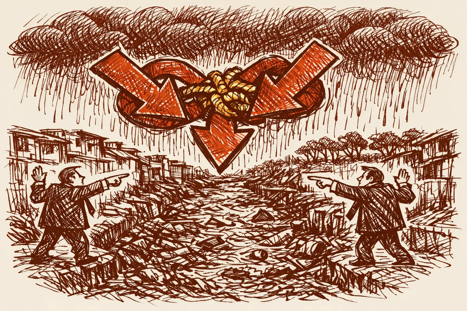 Editorial illustration of three tangled bureaucratic arrows all pointing at a neglected choked river while suited officials on the banks point blame at each other under heavy monsoon rain clouds