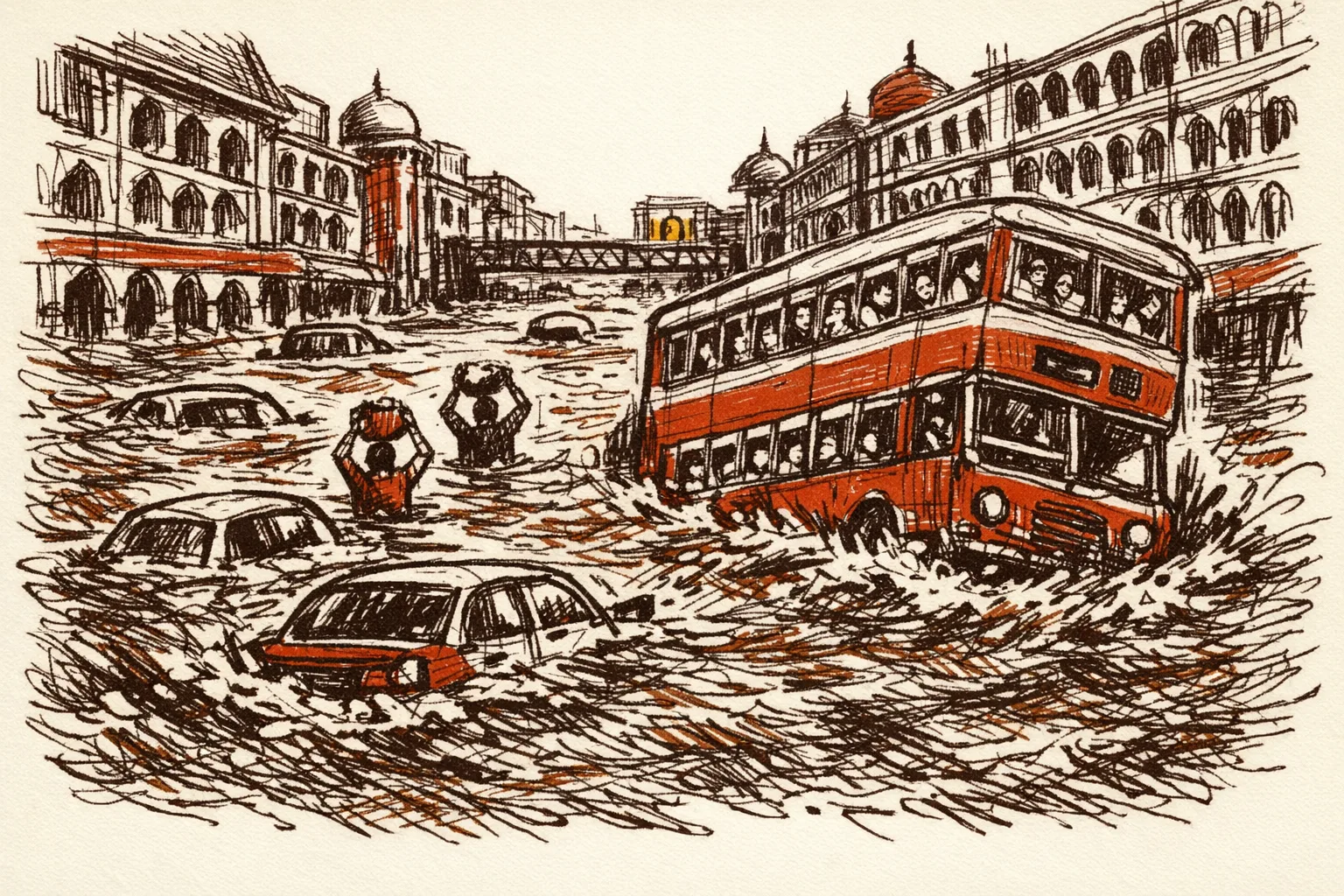 Editorial illustration of a flooded Mumbai street with submerged cars and a stalled double-decker bus, people wading through deep floodwater past buildings with Indian architectural facades