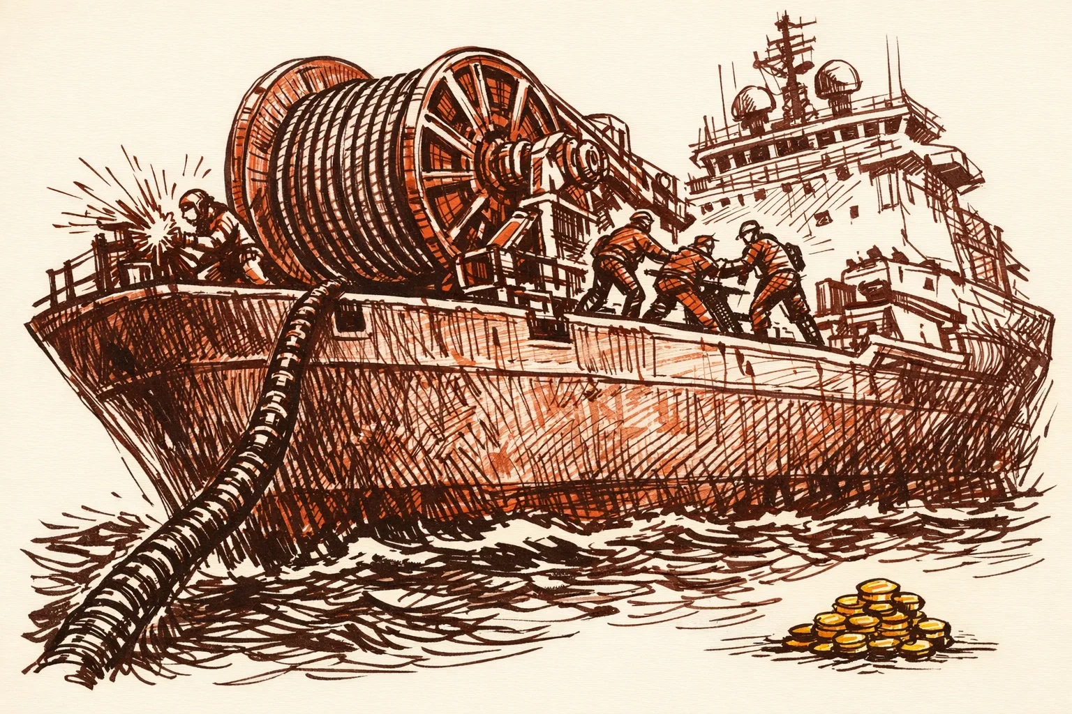 Editorial illustration of a large naval support vessel being converted into a cable repair ship with workers on deck operating a cable drum spool, with a tiny coin pile in the corner emphasizing the modest relative cost