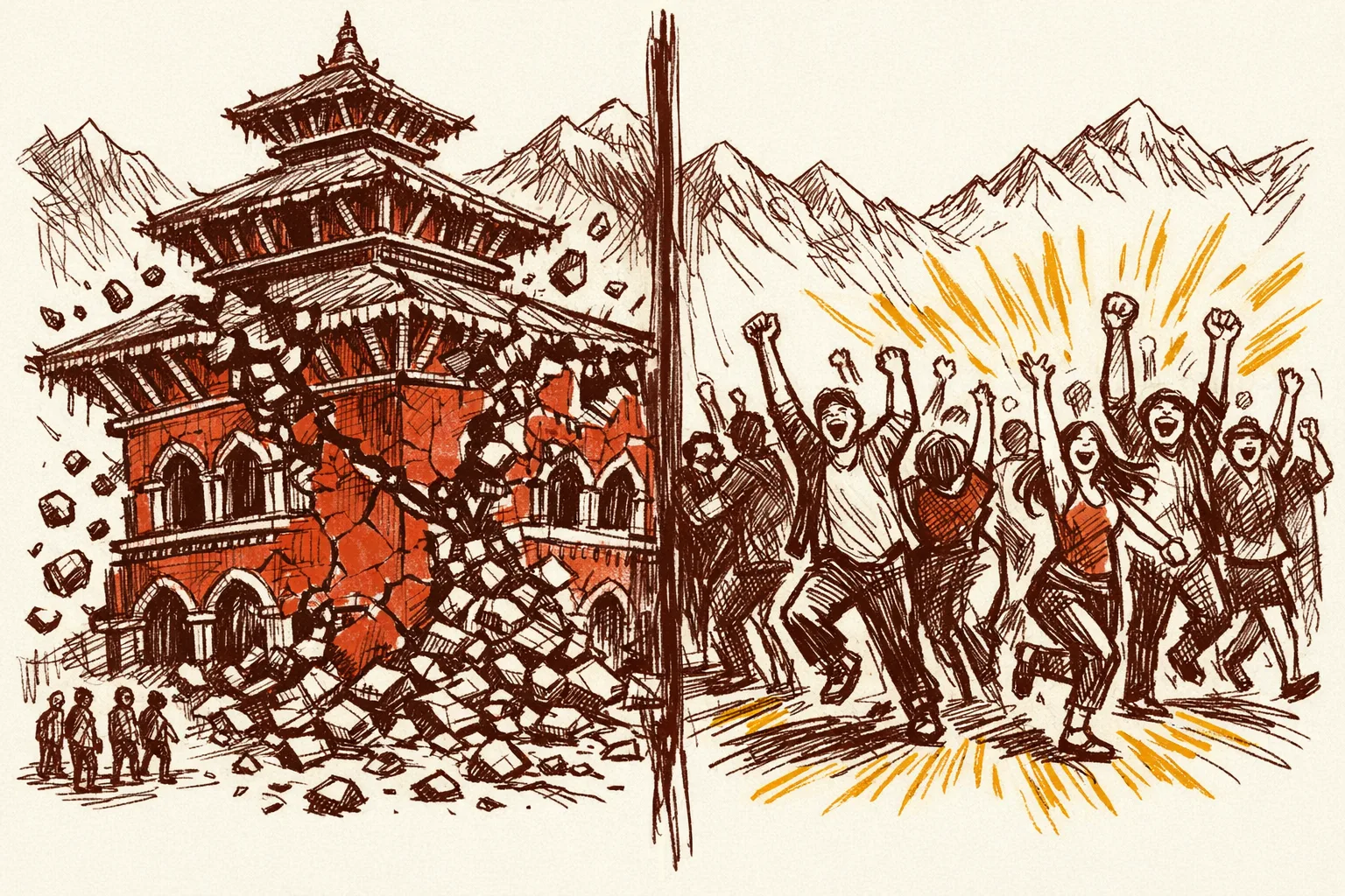 Editorial illustration showing a crumbling ornate palace with excluded figures on one side and liberated diverse figures stepping forward on the other, representing Nepal's abolition of its Hindu state status