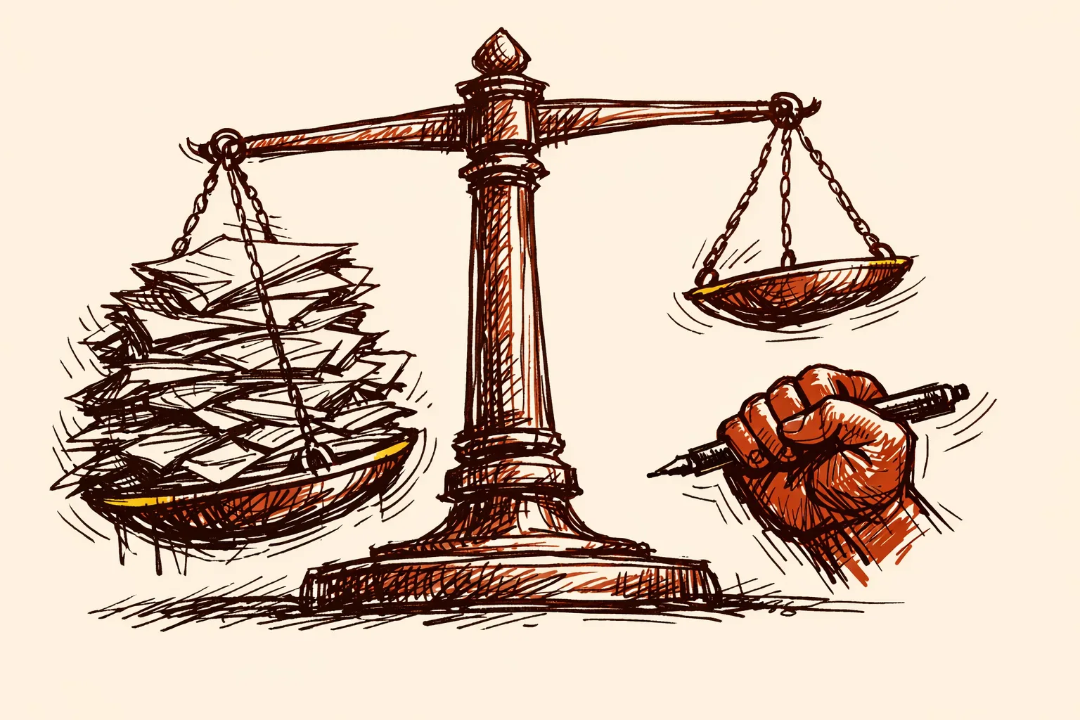 Editorial ink illustration of heavily unbalanced scales of justice weighted down with documents, representing the documented accountability on both sides following Operation Sindoor