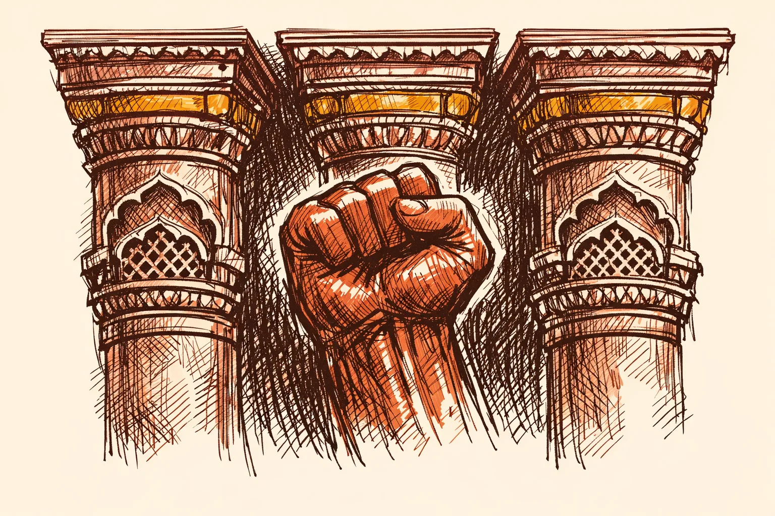Editorial ink illustration of three bold architectural columns with Indian jali motifs symbolising the three pillars of India's new military doctrine announced after Operation Sindoor