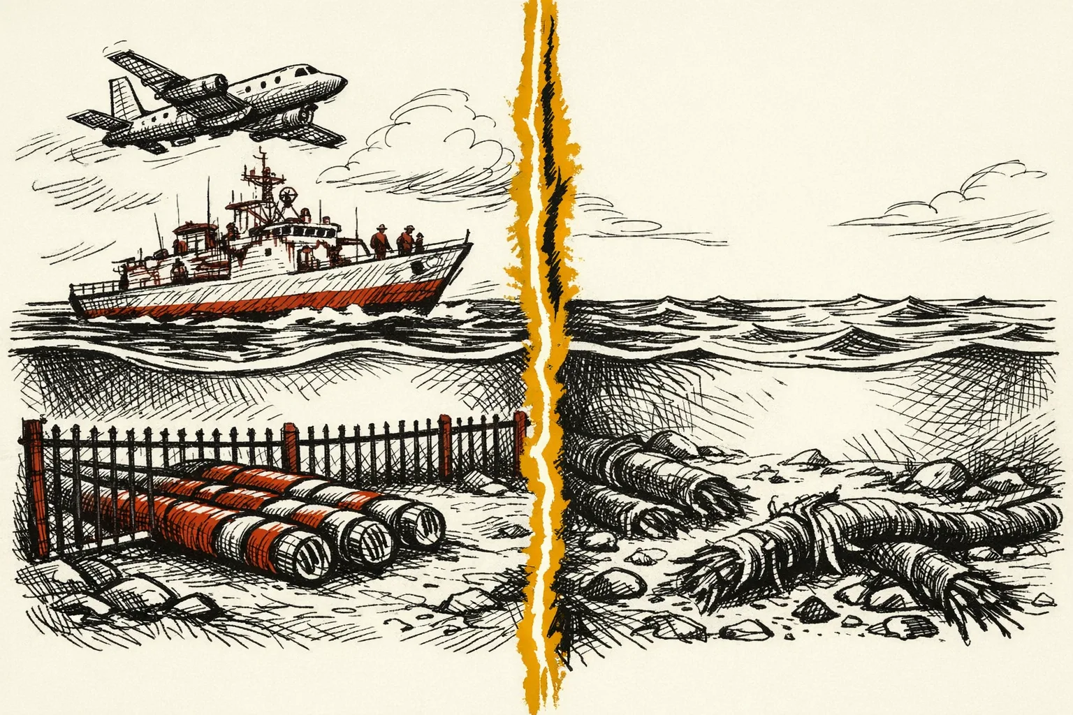 Editorial illustration comparing a protected undersea cable zone with naval frigates and patrol aircraft on one side against unprotected aging cables with no surveillance on the other