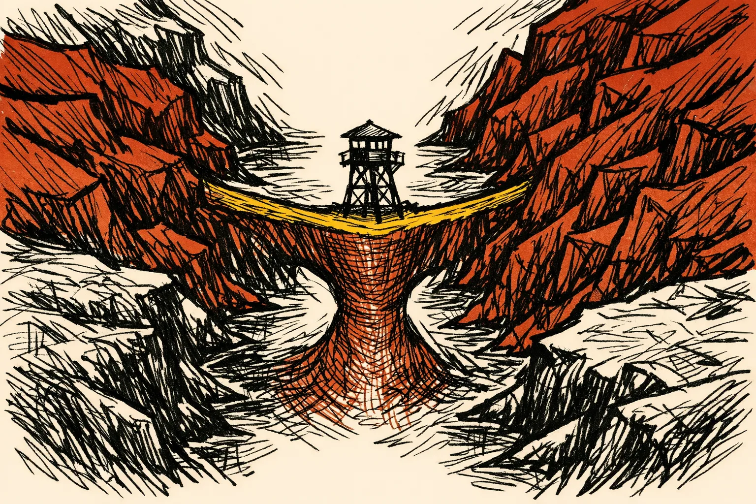 Editorial illustration showing a dangerously narrow strip of land squeezed between two larger landmasses, representing the strategic vulnerability of the Siliguri Corridor