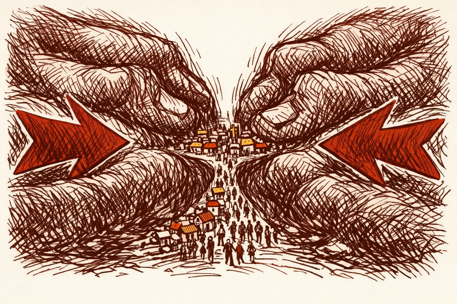 Editorial illustration of a dangerously narrow land corridor squeezed from all sides, representing the Siliguri Corridor as the sole geographic link to northeast India
