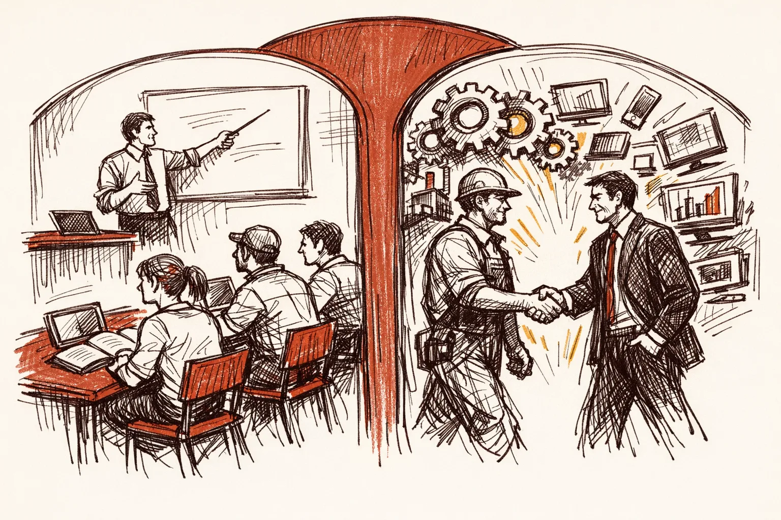 Editorial illustration showing two scenes of structured national workforce retraining - workers in organized upskilling classrooms and workers transitioning from industrial to digital roles, representing Singapore and Germany's proactive AI job transition models