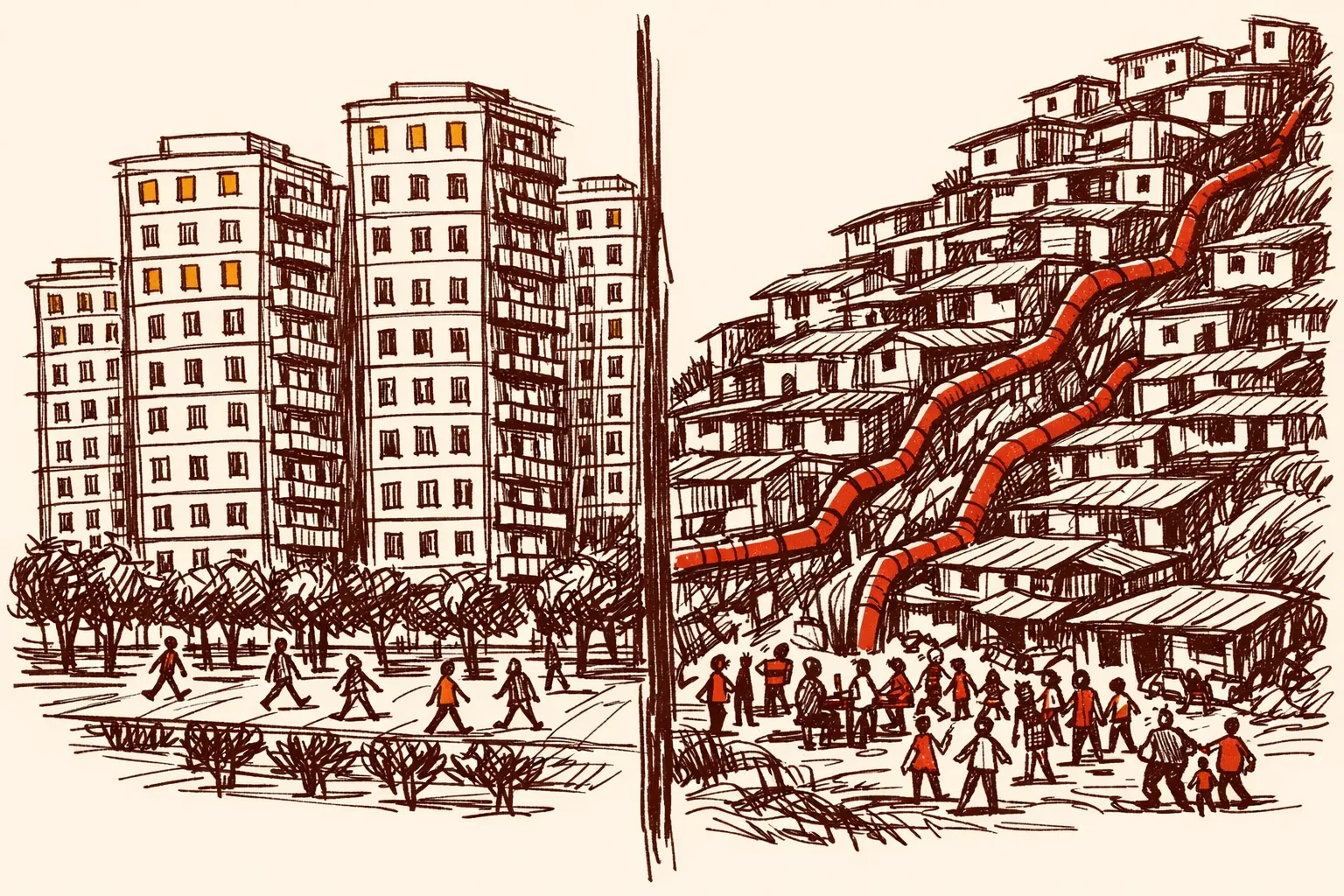 Editorial illustration split in two halves, showing Singapore's orderly tall public housing towers with residents walking below on the left, and a Brazilian favela hillside with upgraded drainage pipes and community spaces on the right, contrasting two international models for solving urban housing crises.