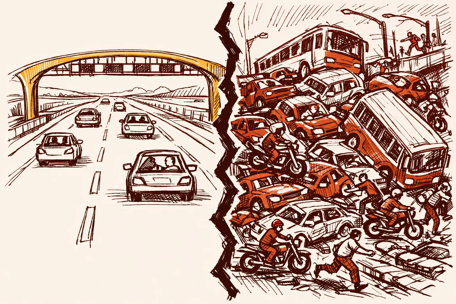Split editorial illustration contrasting an orderly expressway with a toll gantry on one side against chaotic overcrowded Indian traffic on the other, representing the gap between managed and unmanaged traffic systems