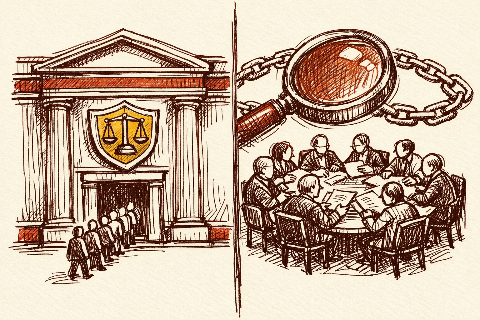 Editorial illustration split into two halves showing strong independent anti-corruption institutions in Singapore and South Korea, with orderly queues entering a sturdy building and multiple oversight figures examining documents around a table