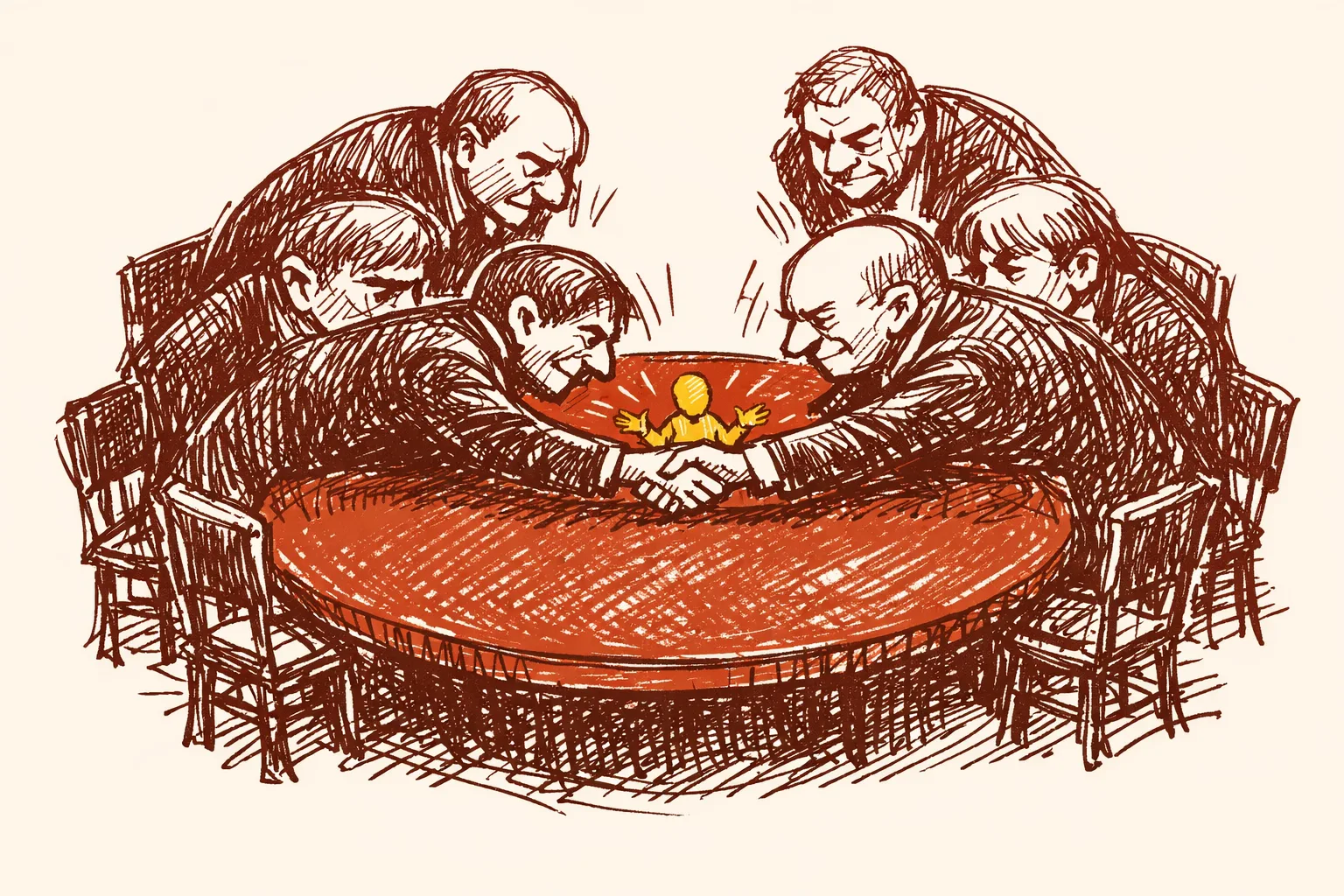 Editorial illustration of a small figure confidently mediating at a large round table surrounded by much bigger figures, representing small nations like Qatar and Turkey as powerful diplomatic mediators