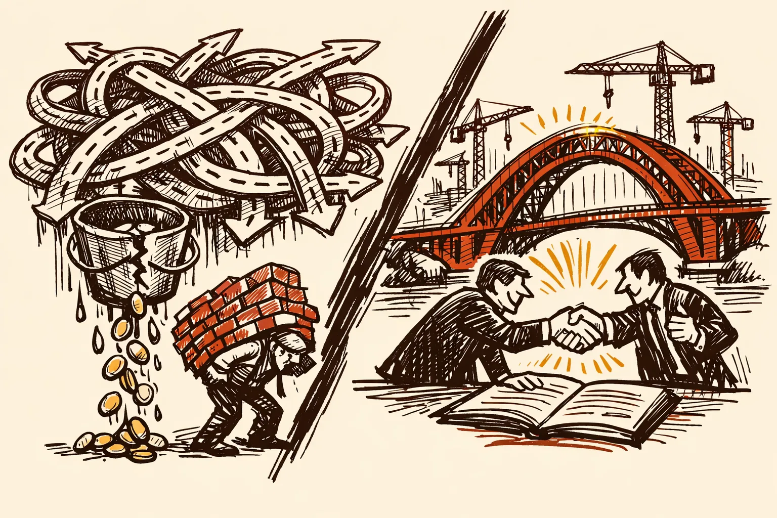 Editorial illustration split between a chaotic failing public-only infrastructure effort on the left and a successful government-private handshake partnership building a bridge on the right, representing South Korea's PPP model lesson for India