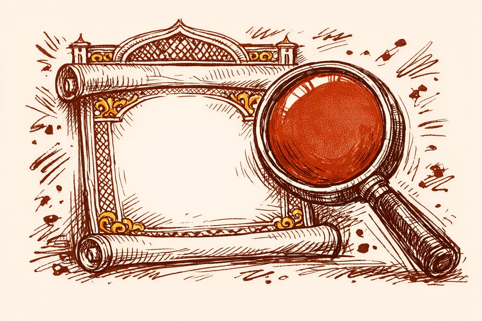 Editorial illustration of a large ornate university degree certificate being examined by an oversized magnifying glass, with decorative arch borders, drawn in loose pen and ink style on cream background