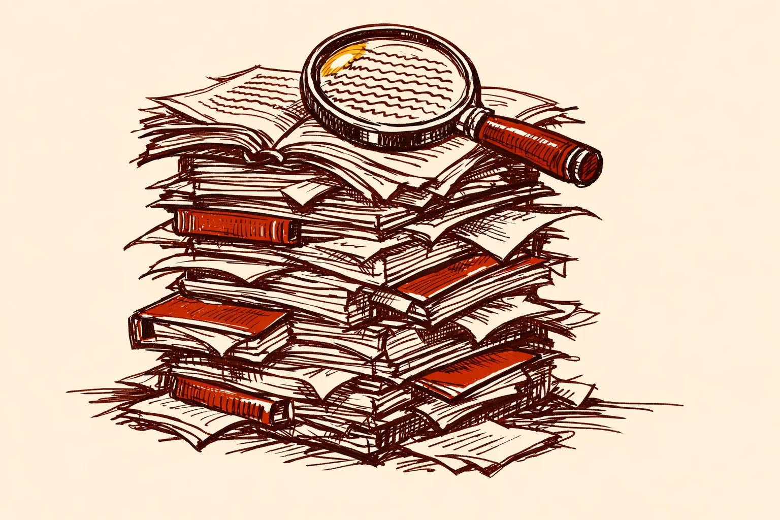 Editorial illustration of a towering stack of official government reports with a magnifying glass examining them, representing American institutions confirming Pakistan's role in harboring terrorist groups