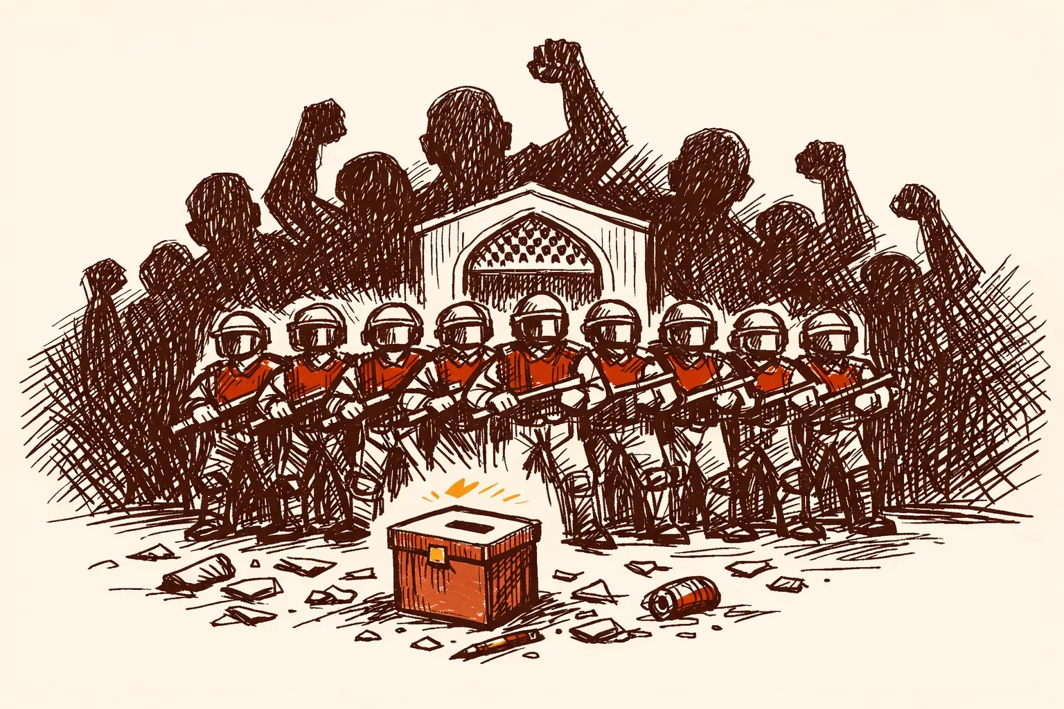 Editorial illustration of uniformed central armed police forces forming a protective cordon in front of a polling booth while large menacing crowd silhouettes loom in the background, depicting West Bengal's long history of election violence and booth capturing.