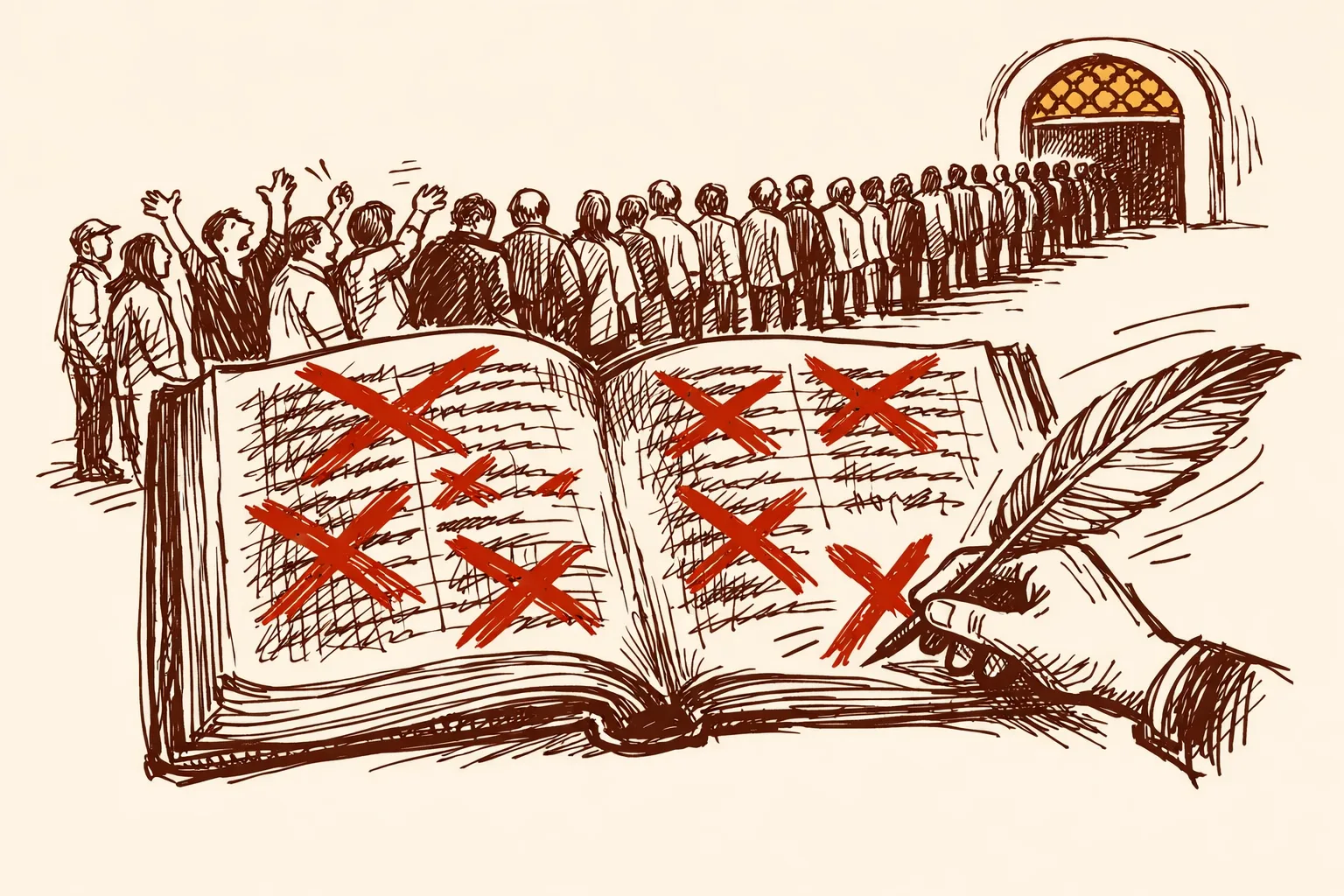 Editorial illustration showing a giant ledger book with pages being crossed out while a long queue of anxious citizens waits outside an arched government tribunal office, representing the mass deletion of voter names during West Bengal's Special Intensive Revision process.